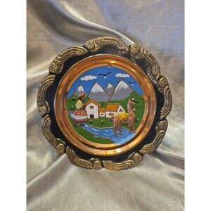 VTG Peruvian Souvenir Wall Plate Made of Copper and Brass with Woman & Llama
